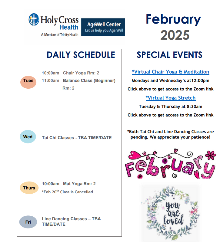 Agewell February class schedule 